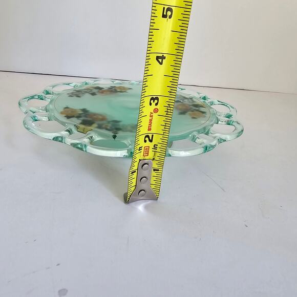 Lancaster Glass Footed Plate Green Satin Glass Open Lace Reverse Painted Floral - Picture 11 of 12